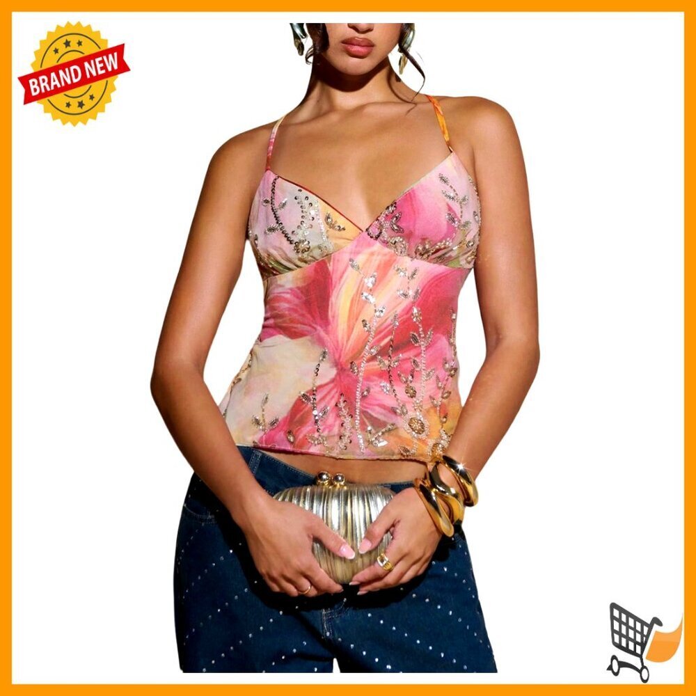 Sequin Sparkly Halter Crop Top Floral Backless Y2K Party Tank Chic Summer